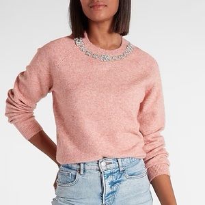 Express women’s embellished neckline, cozy sweater rhinestones studded